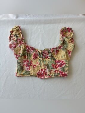Urban Outfitters Yellow Floral Smocked Crop Top with Pink and Green Print